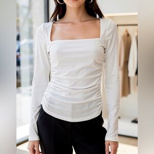 NWT Elodie White Ribbed Square Neck Ruched Long Sleeve Top M